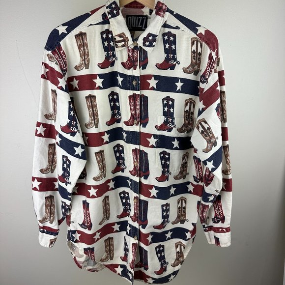 vintage Tops - VINTAGE QUIZZ Cowboy Boot Red White & Blue Western Shirt